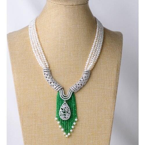 20'' 4 Strands White Pearl Freshwater Statement Necklace CZ Pave Green Jade Pendant