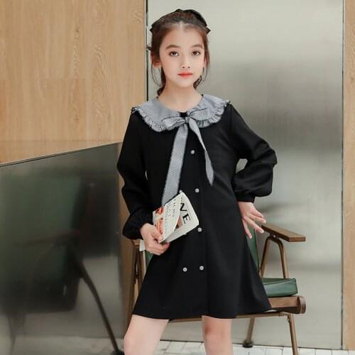 2021 Girls Dress Spring Autumn Kids Dresses for Girl Black Bowtie Princess Dress 6 8 10 12 14 16 Years Children Clothing