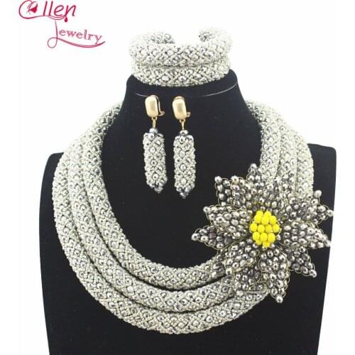 Silver Plated Stylish Nigerian Wedding African Beads Jewelry Set Handmade Indian Bridal Necklace Sets Bracelet Earrings N0013