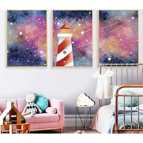 Hand Painted Lighthouse Abstract Wall Art Paintings Prints Starry Sky Oil Pictures for Nersery Bedroom Living Room Poster Decor