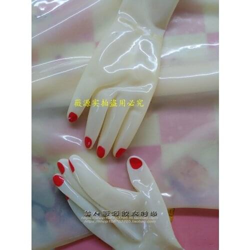 Sexy Transparent Latex Fetish Wrist Gloves Imitation Red Nails