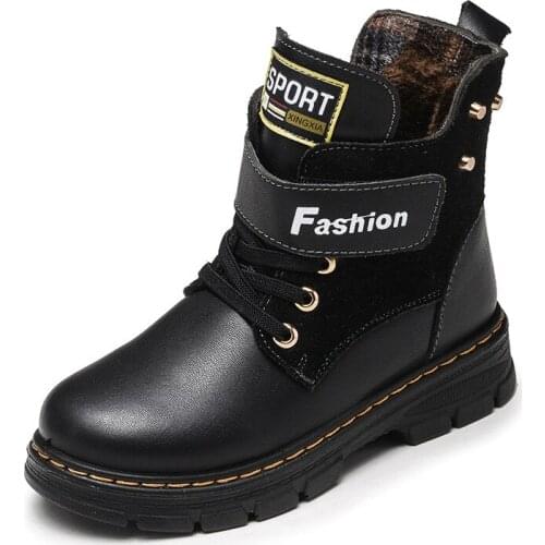 SKOEX Boys Boots Kids Boy Martin Boots Genuine Leather Childrens Shoes Winter Plus Velvet Thickening British Wind