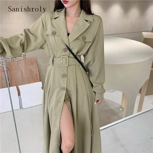 Sanishroly Korean Chic Womens Trench Coat Casual Ladies Long Outerwear Cloak With Belt Single-breasted Suit Collar Windbreaker