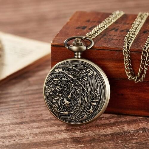 Vintage Steampunk Flower Hollow Bronze Quartz Pocket Watch Fob Chain Hand Wind Necklace Clock Men Womens Gifts