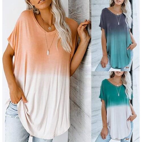 Summer T Shirt Women 2021 New Gradient Printing v-neck Shirt Long Leisure Female T-shirt Female Tee Tshirts Dropshipping CKX9668