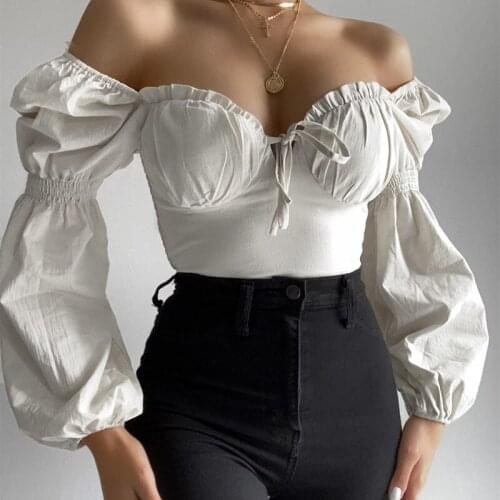 Women Casual Long Puff Sleeve T-shirt Solid Color Tie-up V-neck Vintage Ruffle Cropped Tops Bodycon Square Neck Party Blouse