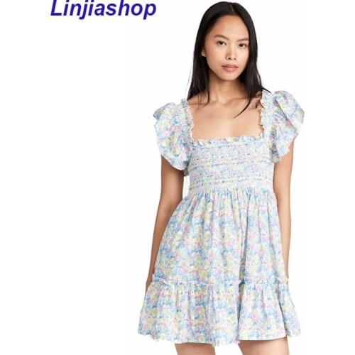 Summer Dress Sweet Women Vintage Prairie Chic Floral Print Dress Sexy Square Neck Butterfly Sleeve Holiday Short Vestido