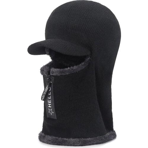 Winter Thickening and Velvet Warmth One-piece Knitted Hat Mens Outdoor Cycling Warm Zipper Woolen Hat Ladies Hat Wholesale