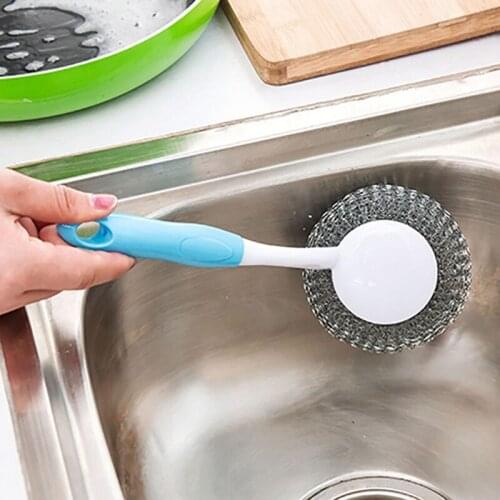 1pc Kitchen Wire Ball Brush with Long Handle Pan Dish Cleaning Brush Washing Scrubber Hanging Stainless Steel Wire Ball Cleaner