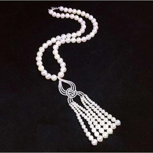 2020 New Vintage Tassel Natural Pearl Necklace With S925 Clasp 8-9mm Nearround Freshwater Pearl Jewelry Women Gifts