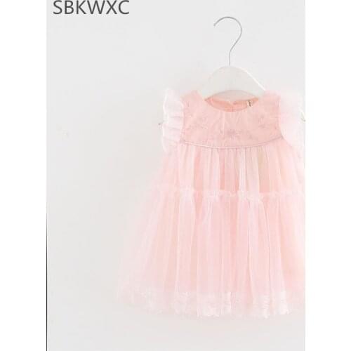 Wholesale 5pcs/lot Baby Girls Dress Baptism Embroidery Puff Sleeve Dress for Girls birthday party wedding Christening 0-2T