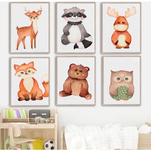 Watercolor Sika Deer Raccoon Fox Owl Cow Kawaii Wall Art Canvas Painting Nordic Posters And Prints Wall Pictures Kids Room Decor