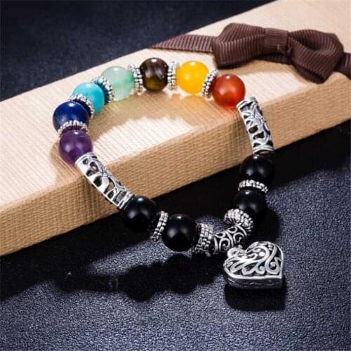Bracelet Men 7 Chakra Stone Healing Heart Pendant Charm Chakra Bracelets Wrist Mala Beads Yoga Bracelet Womens Jewelry