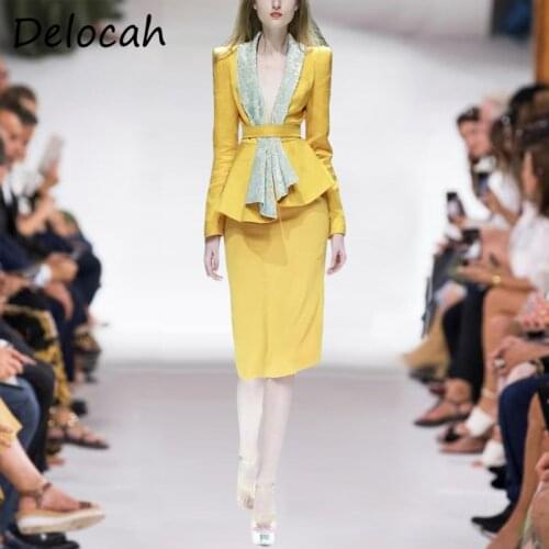 Delocah New 2021 Autumn Women Fashion Runway Skirts Suits Long Sleeve Sashes Coats + High Waist Pencil Skirts 2 Two Pieces Suits