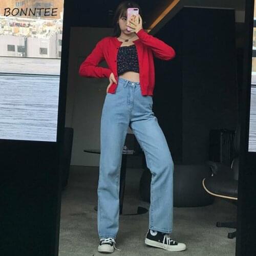 Jeans Women Solid Denim Vintage Full Length Straight Loose Leisure Classic Harajuku Simple Female All-match Daily Ladies Chic