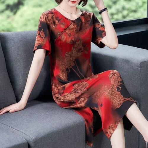Elegant Vintage Red Floral Mulberry Silk Satin Dress Summer Casual 4XL Plus Size Short Sleeve Dress Women Bodycon Party Vestidos