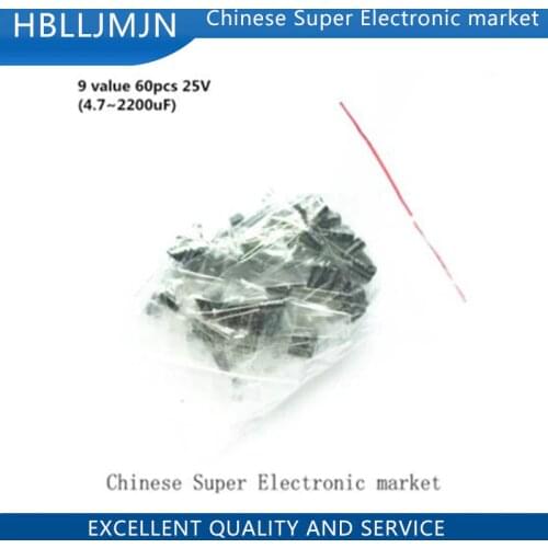 9 value 60pcs 25V Electrolytic Capacitor Assortment Kit (4.7~2200uF) New