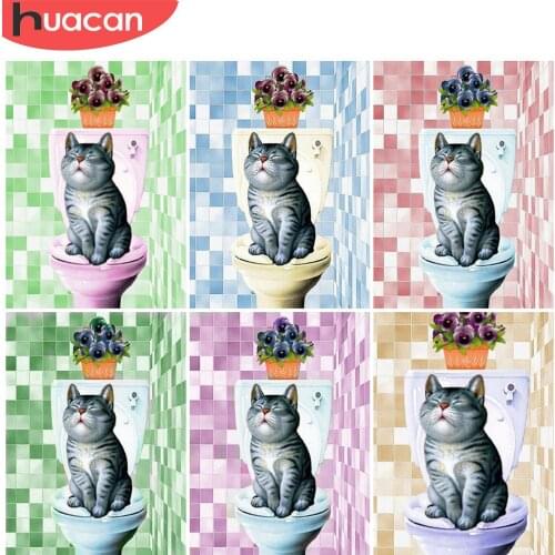 HUACAN Cat Diamond Painting Kits Animal Diamond Embroidery Mosaic Toilet Cross Stitch Bathroom Decoration