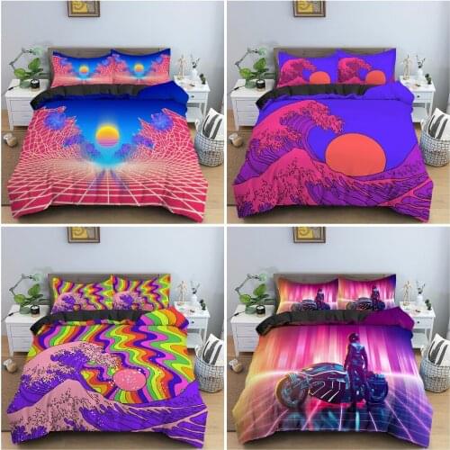 New Retro Duvet Cover Set Neon Grid And Purple Sun Bedding Set Abstract Comforter Cover With Pillowcase King Queen Home Textiles