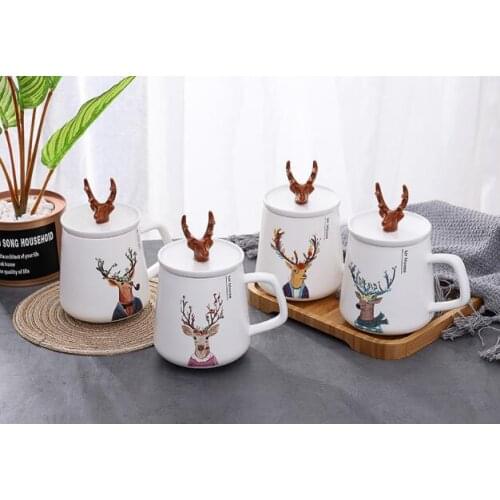 Creative antler ceramic mug with lid cartoon mug student couple water mug coffee mug