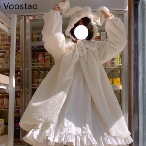 Japan Style Autumn Winter Sweet Lolita Warm Jackets Women Cute Soft Plush Rabbit Ears Hooded Coats Girls Kawaii Loose Outwear