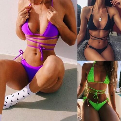 Summer Sexy Women Push Up Bikini Set Solid Color Low-cut Ladies Beach Swimsuits