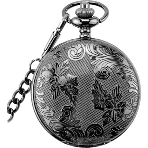 5pcs/lot Retro Black Mechanical Pocket Watch Mens Classic Elegant Skeleton Hand wind Male Clock Pendant FOB Chain Watches