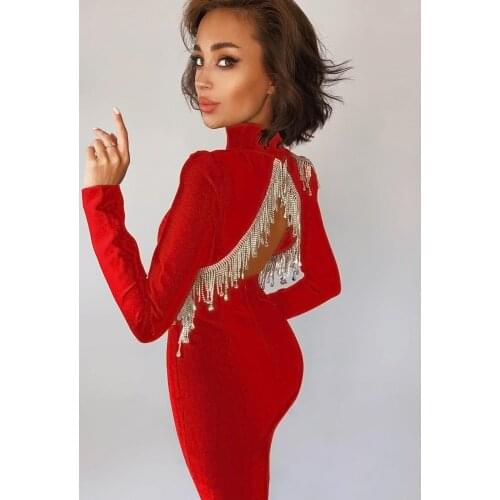 Halinfer New Fashion Pink Black White Red Winter Sexy Fashion Backless Diamonds Tassel Rayon Bandage Dress Evening Party Dress