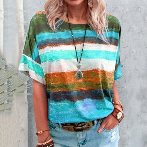 New Casual Multicolor Splicing Fashion Womens Tshirts Striped O-Neck T-shirt Summer Top Patchwork Ladies Tee Vetement Femme