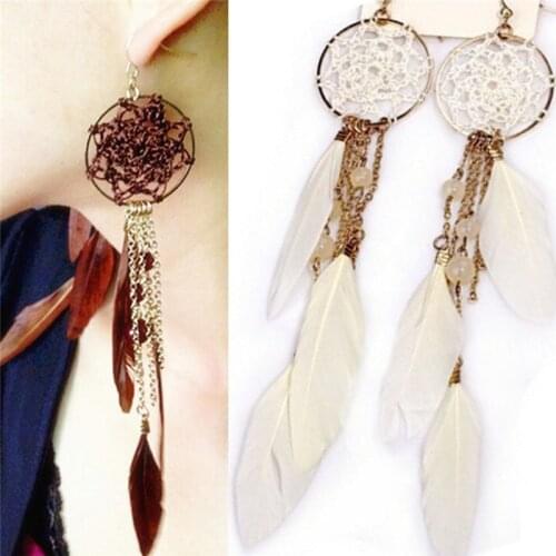 New Bohemia Ethnic Feather Beads Long Design Dream Catcher Earrings For Women