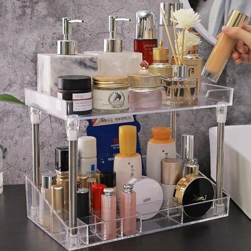 New Fashion Double Layer Makeup Organizer Box Display Holder Adjustable Makeup Brushes Lipsticks Cosmetic Storage Rack Shelf