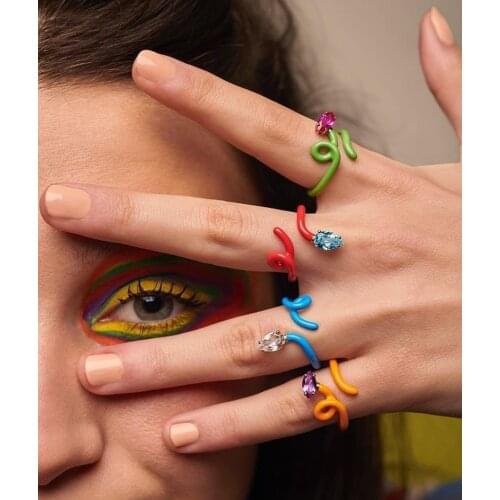 FFLACELL Punk Design Colourful Snake Rhinestone Open Geometric Adjustable Metal Rings for Women Party Jewelry Gifts 2021 New