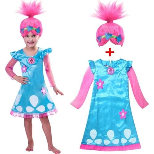 Baby Girls Dresses Trolls Poppy Cosplay Costumes Summer Dress For Girls Halloween Kids Fancy Birthday Party Dress with Wig Set