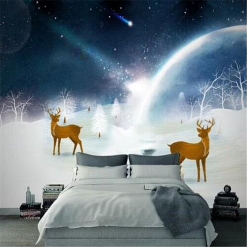 Custom 3D Photo Wallpapers Christmas Wind Non-Woven Wall Paper Elk Wallpapers Starry Sky Snow Landscape for Bedroom