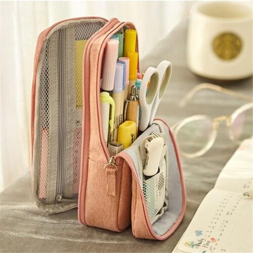 Folding Pencil Case Bags Double Layer Multifunctional Stationery Box Canvas Storage Pouch Pen Bags Phone Holder School Supplies
