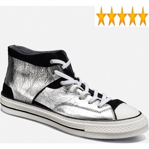 Champagne Top Silver Gothic High Mens Flat Personality Patchwork Lace Up Hip Hop Street Male Casual Leather Shoes