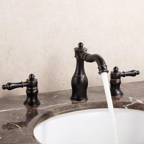 Wash Basin Brass Bathroom Cold And Hot Mixer Tap Water Antique Black Faucet Dual Handles Sink Three Holes Mixer Taps