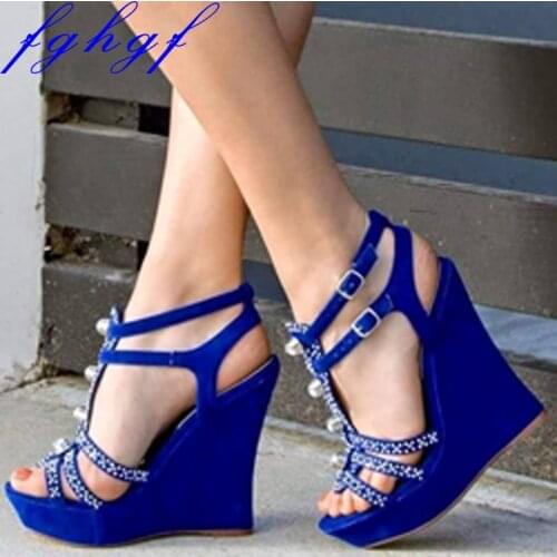Fghgf 2018 New Womens wedge sandals, blue wedge sandals with sparkly diamonds, and sexy, stylish sandals for weddings and parti