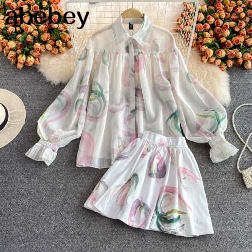2021 New Spring Autumn Fashion turn down collar Lantern Sleeve single breasted Shirt + high waist wide leg Shorts two piece set