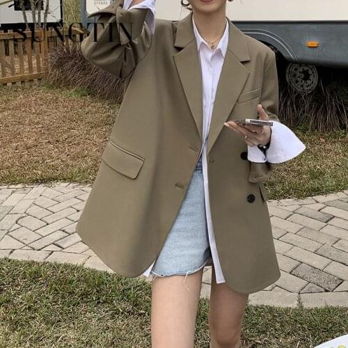 Sungtin Oversized Black Casual Blazer Women Korean Office Ladies Loose Female Blazers Vintage Elegent Tops Spring Autumn 2021
