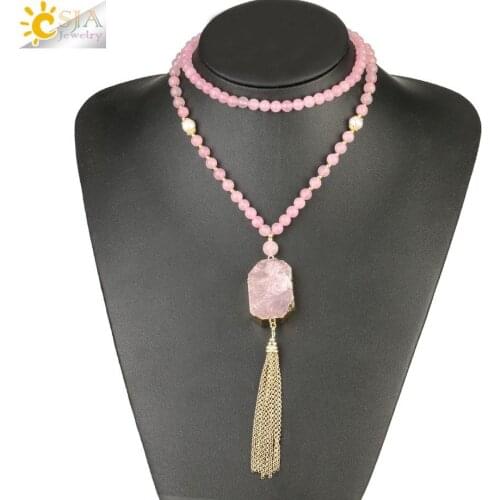 CSJA Pink Natural Stone Crystal Quartz Necklaces Pendants for Women Girl Gold Color Tassel Long Necklace Handmade Jewellery S472