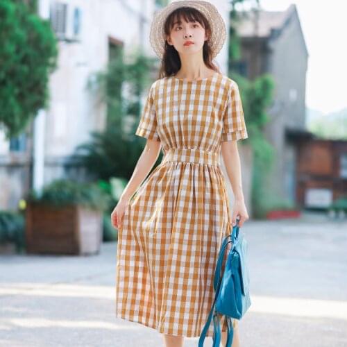 Mori girl summer midi plaid dress 2019 new arrival fashion women O-Neck casual cotton linen dress elegant lady vestidos