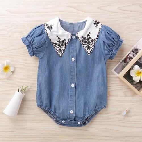 2021 Summer Baby Girl Lapel Puff Sleeve Triangle Romper Cover Fart Climb Baby Kids Clothing Clothes For Newborns 0-3 Years Old
