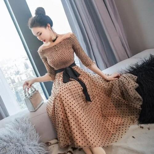2021 New Retro Mesh Gauze Lace-up Dress Polka Dot Puff five-point Sleeve High Waist Pleated Dresses Sexy Women Party Dress