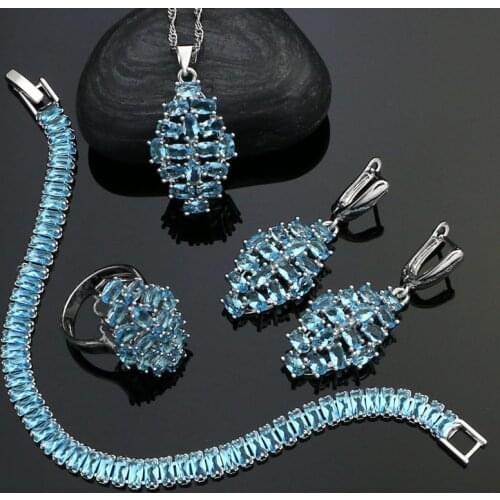 925 Silver Engagement Jewelry Sets For Women Sky Blue Cubic Zirconia Earrings/Pendant/Necklace/Ring/Bracelet