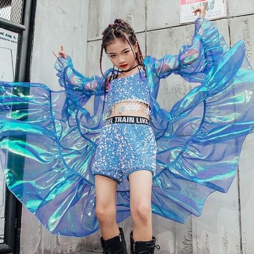 Shiny Sequin Clothing For Girls Blue Fairy Catwalk Show Costume Kids Jazz Hip Hop Dance Suit Modern Street Dance Clothes DQL5140
