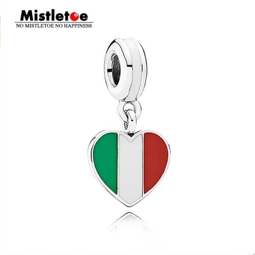 Authentic 925 Sterling Silver Italy Flag Heart Dangle Charm Red Green & White Enamel Fit European Bracelet & Necklace Jewelry