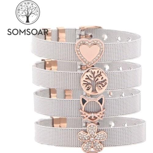 Somsoar Jewelry Silvering rose gold Stainless Steel Mesh Bracelet Bangles with 1pcs Slide Charms DIY Jewelry as Best Gift