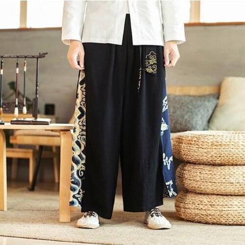 Casual Wide Leg Pants Men China Pants Chinese Traditional Harajuku Kung Fu Tang Suit Tai Chi Uniform Cotton Linen Trousers 30394