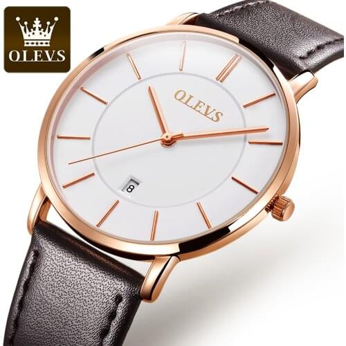 Retro Classic OLEVS Luxury Business Dress Watch Mens Rose Gold Quartz Automatic Watch Genuine Leather Strap Waterproof Watch